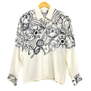 80s 90s Vintage ESCADA Nautical Theme Print Black & White Silk Blouse